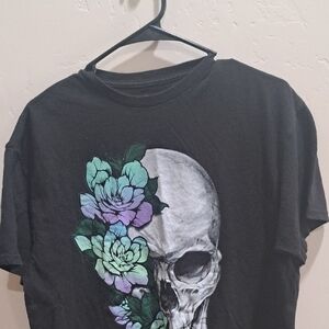 Black T-Shirt with Skull and Floral Design